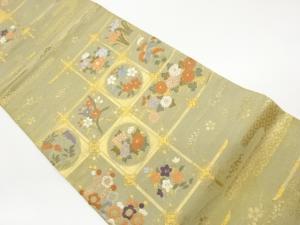 格子に花々模様織出し袋帯